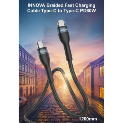 كابل شحن سريع INNOVA-1001 من تايب سي إلي تايب سي PD 60 واط – طول 1.2 متر، نايلون مضفر، 5 أمبير