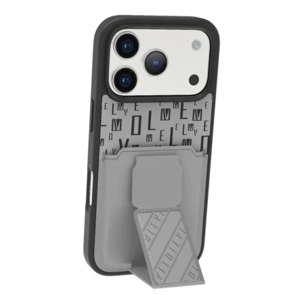 غطاء حماية ايفون17 برو مع حاملة بطاقات وحزام مغناطيسي للتثبيت / قبضة بيد واحدةوغطاء خلفي بتصميم فاخر مع شعار مطبوع باللون الرمادي